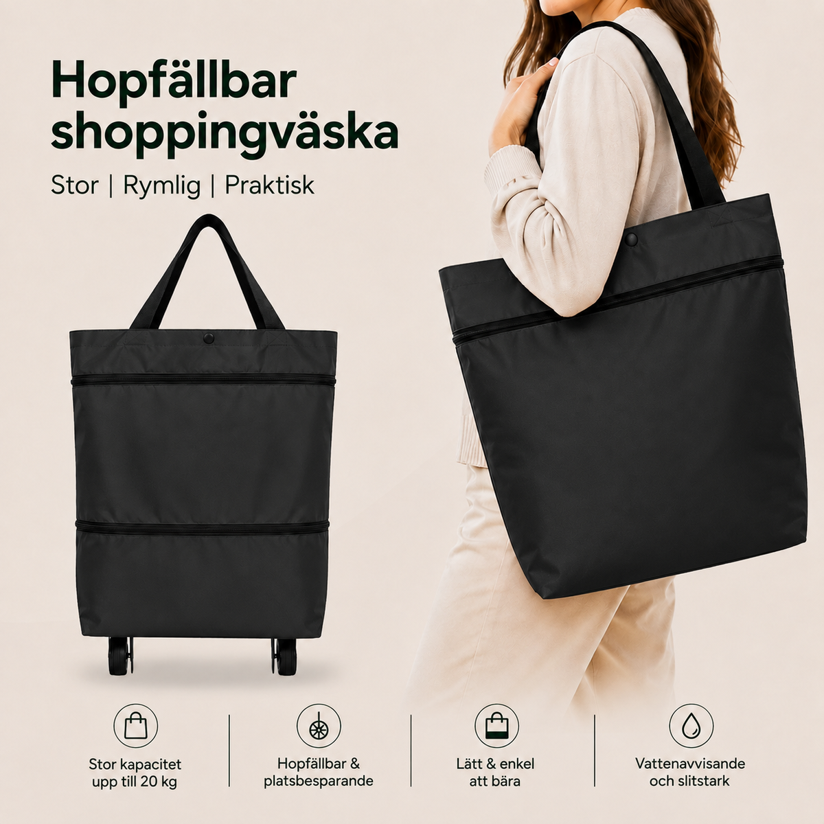 CarryGo™ - Hopfällbar 2-i-1 Shoppingväska med Hjul