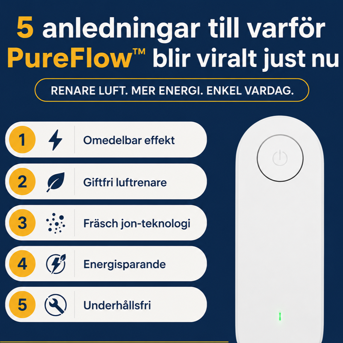 PureFlow™ Luftjonisator - Renare luft för ett friskare hem – på bara 30 minuter